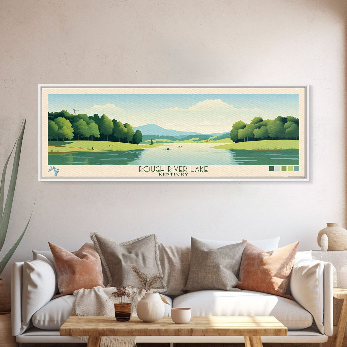 Rough River Lake, Kentucky Framed Canvas Print, Panoramic Wall Art, Midcentury Modern Decor, Bedroom Art, Pop Art, Travel Poster