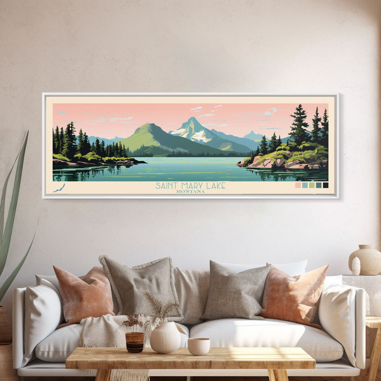 Saint Mary Lake, Montana Framed Canvas Print, Panoramic Travel Poster, Midcentury Modern Art, Bedroom Decor, Pop Art, Wall Art