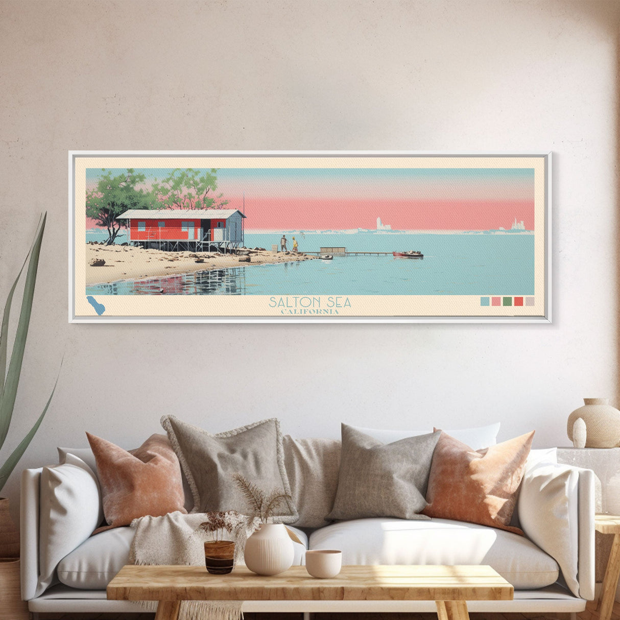 Salton Sea, California Framed Canvas Print, Panoramic Wall Art, Midcentury Modern Decor, Home Decoration, Pop Art, Travel Poster