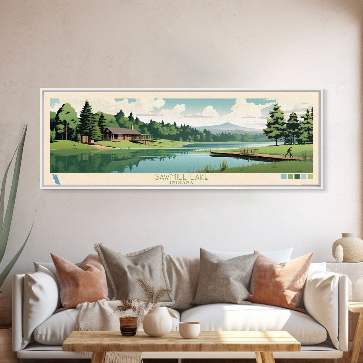 Sawmill Lake, Indiana Framed Canvas Print, Panoramic Wall Art, Midcentury Modern Decor, Pop Art, Living Room Art, Travel Poster