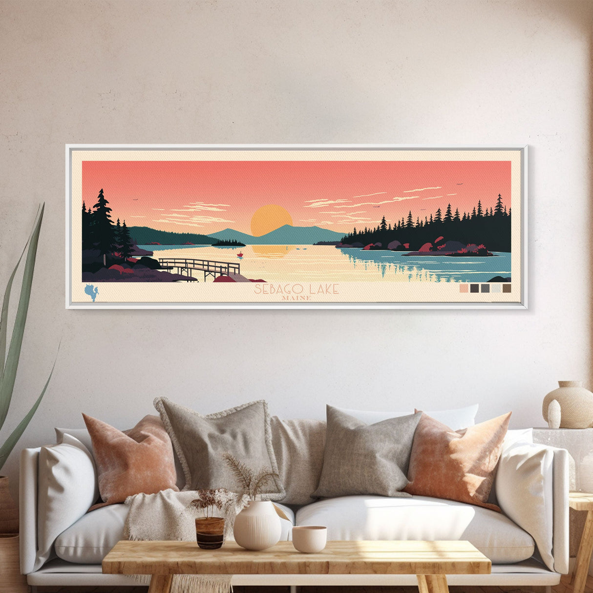 Sebago Lake, Maine Framed Canvas Print, Panoramic Travel Poster, Midcentury Modern Art, Home Decoration, Pop Art, Wall Art