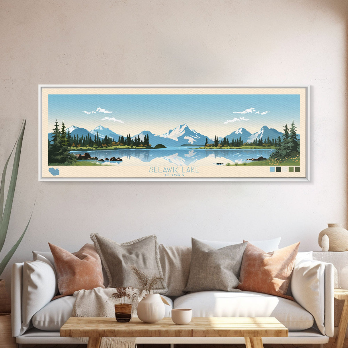 Selawik Lake, Alaska Framed Canvas Print, Panoramic Wall Art, Midcentury Modern Decor, Pop Art, Travel Poster, Home Decoration