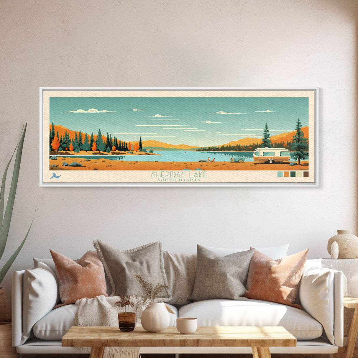 Sheridan Lake, South Dakota Framed Canvas Print, Panoramic Wall Art, Midcentury Modern Decor, Pop Art, Travel Poster, Living Room Decoration