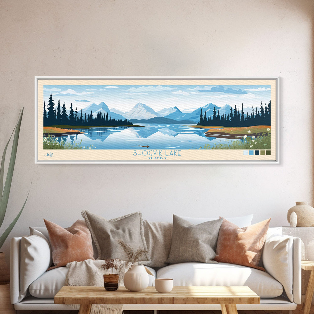 Shogvik Lake, Alaska Framed Canvas Print, Panoramic Travel Poster, Midcentury Modern Art, Home Decor, Pop Art, Wall Art