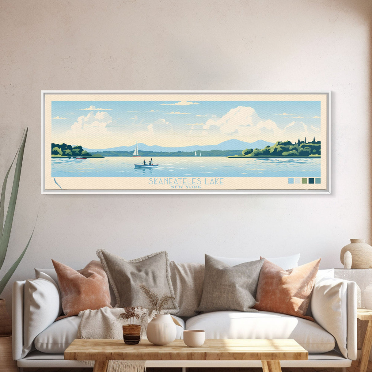 Skaneateles Lake, New York Framed Canvas Print, Lake House Art, Midcentury Modern Decor, Pop Art, Travel Poster, Living Room Wall Art