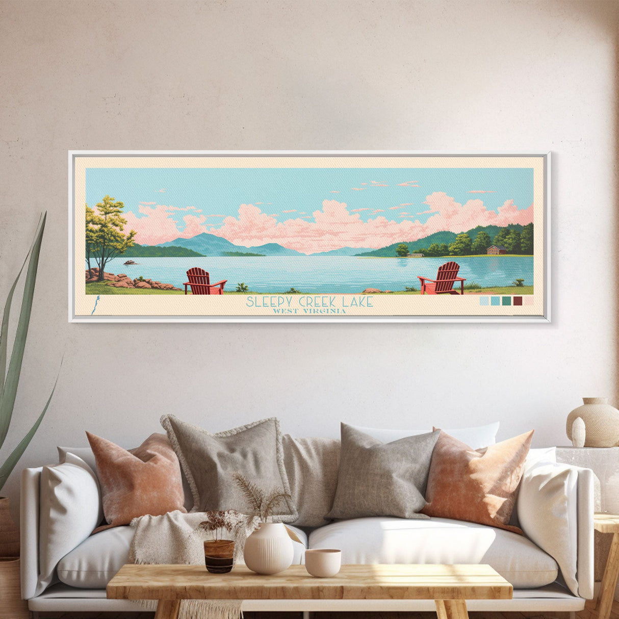 Sleepy Creek Lake, West Virginia Framed Canvas Print, Lake House Decor, Midcentury Modern Art, Pop Art, Travel Poster, Bedroom Wall Art