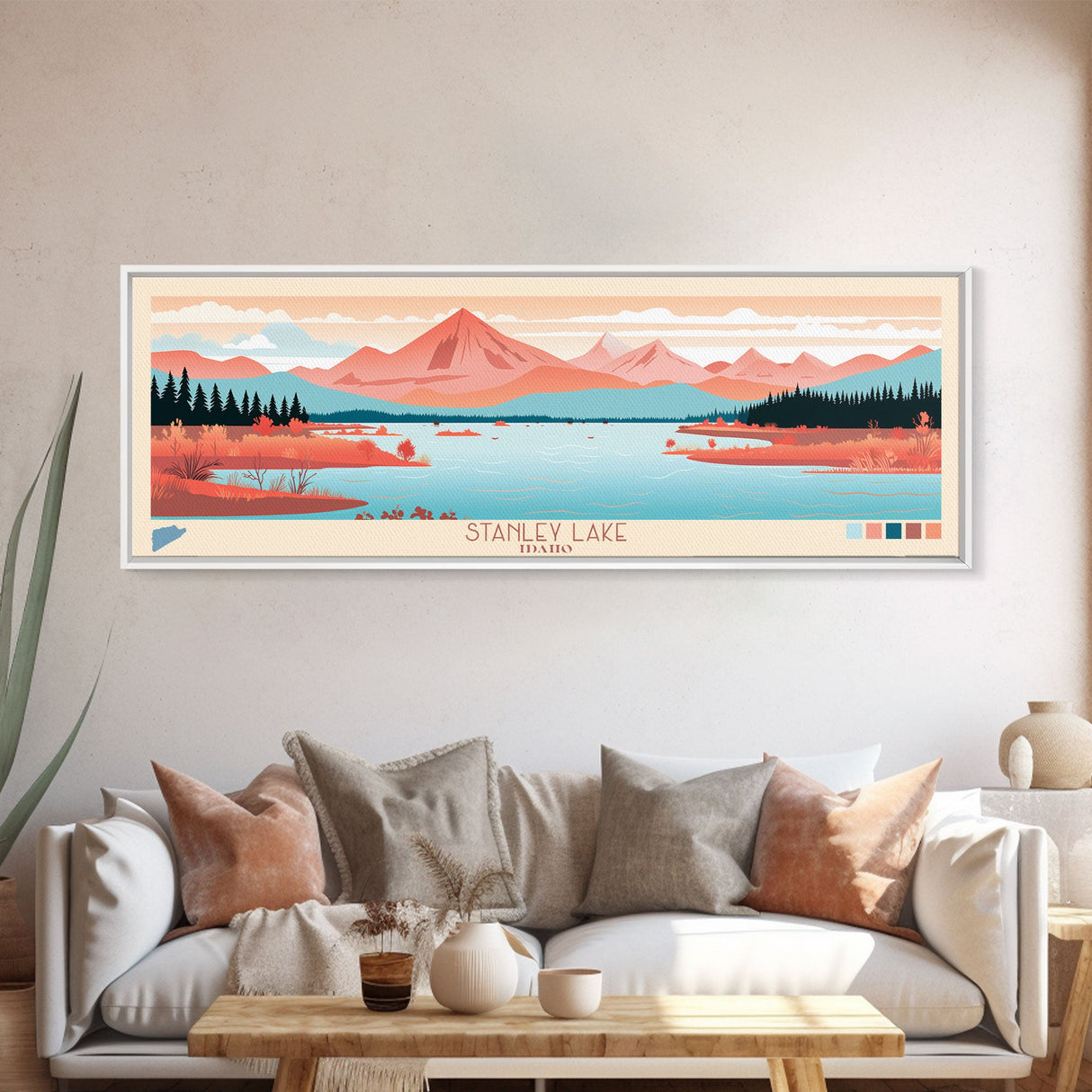 Stanley Lake, Idaho Framed Canvas Print, Lake House Art, Midcentury Modern Decor, Pop Art, Travel Poster, Living Room Wall Art