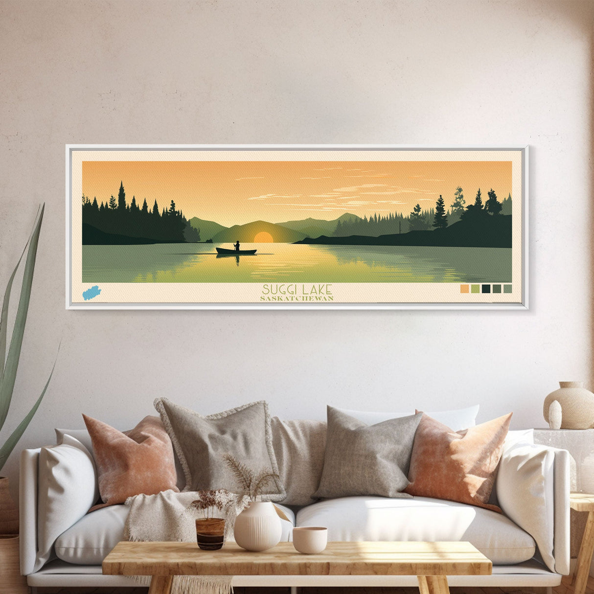 Suggi Lake, Saskatchewan Framed Canvas Print, Lake House Decor, Midcentury Modern Art, Pop Art, Travel Poster, Bedroom Wall Art