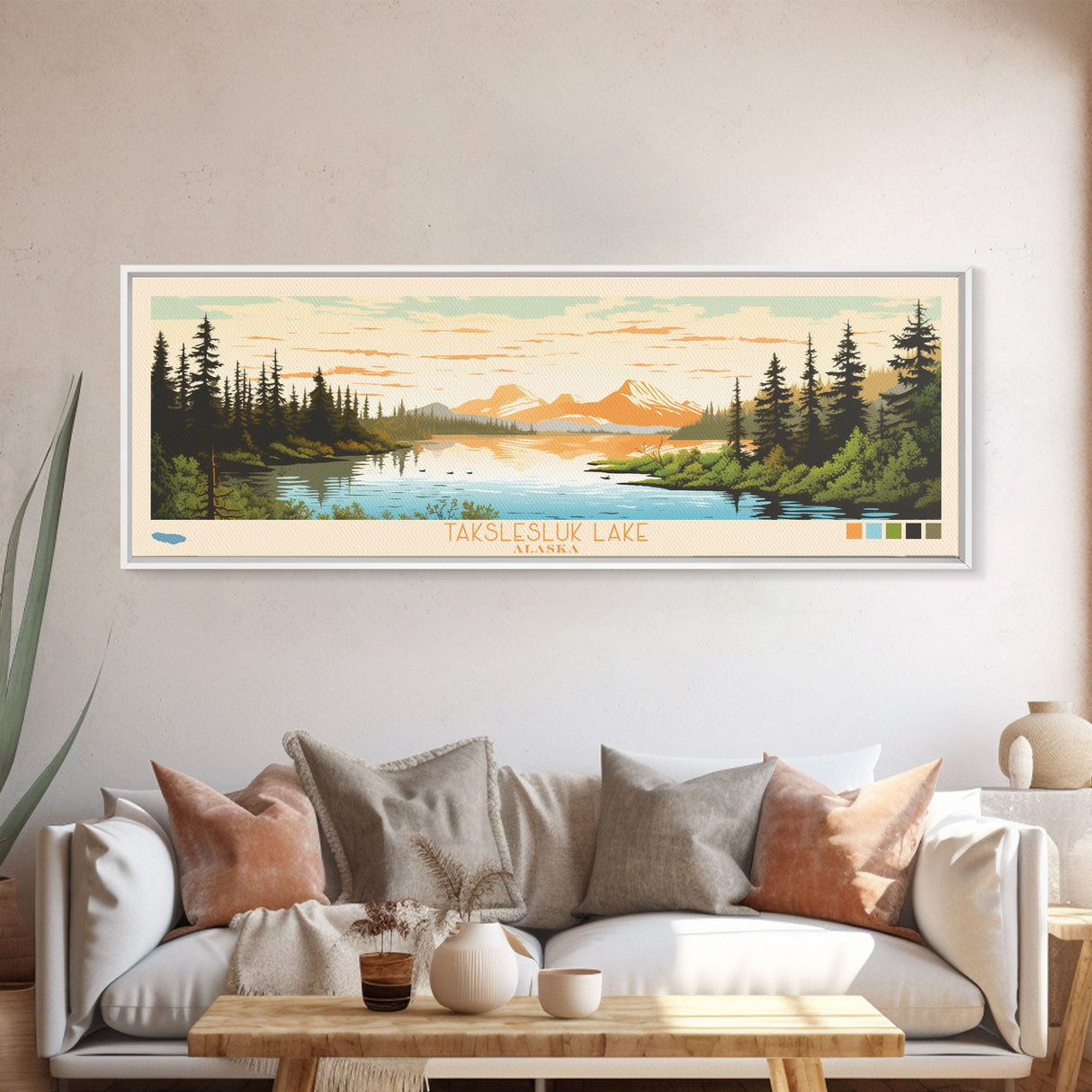 Takslesluk Lake, Alaska Framed Canvas Print, Lake House Decor, Midcentury Modern Art, Pop Art, Travel Poster, Bedroom Wall Art