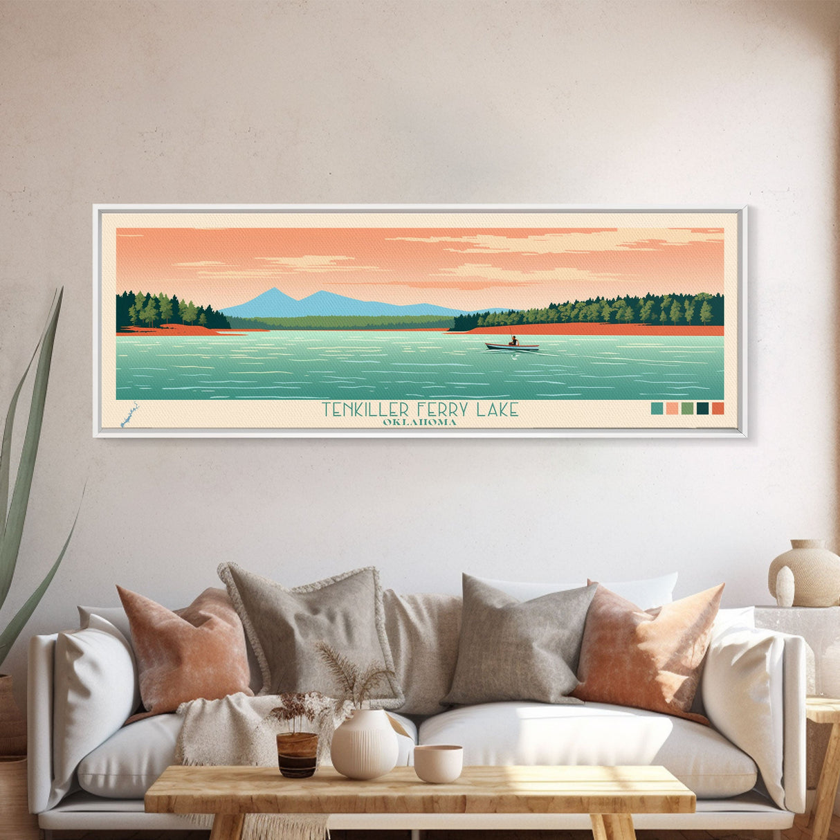 Tenkiller Ferry Lake, Oklahoma Framed Canvas Print, Lake House Art, Midcentury Modern Decor, Pop Art, Travel Poster, Bedroom Wall Art