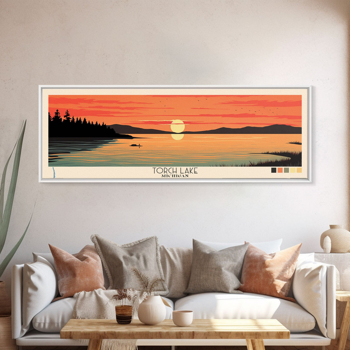 Torch Lake, Michigan Framed Canvas Print, Lake House Decor, Midcentury Modern Art, Pop Art, Travel Poster, Living Room Wall Art