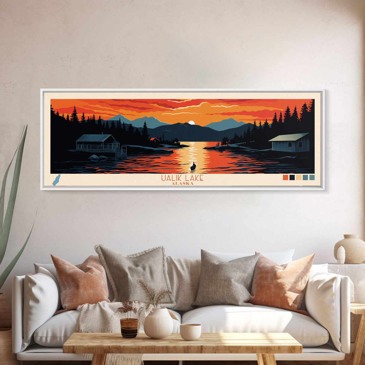 Ualik Lake, Alaska Framed Canvas Print, Lake House Decor, Midcentury Modern Art, Pop Art, Travel Poster, Living Room Wall Art