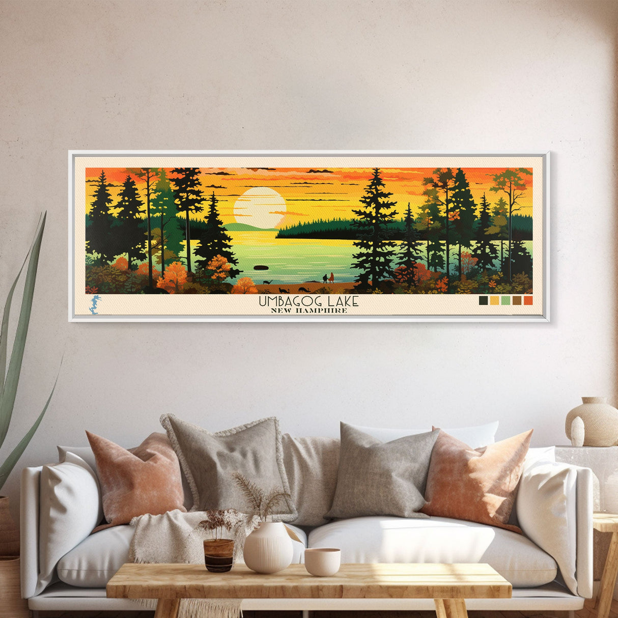 Umbagog Lake, New Hampshire Framed Canvas Print, Panoramic Lake House Art, Midcentury Modern Decor, Pop Art, Travel Poster, Living Room Wall Art