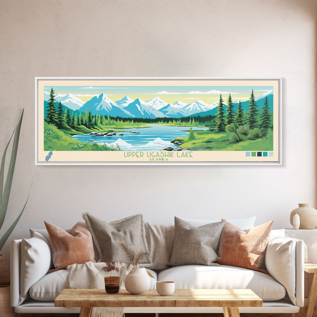 Upper Ugashik Lake, Alaska Framed Canvas Print, Panoramic Lake House Art, Midcentury Modern Decor, Pop Art, Travel Poster, Living Room Wall Art