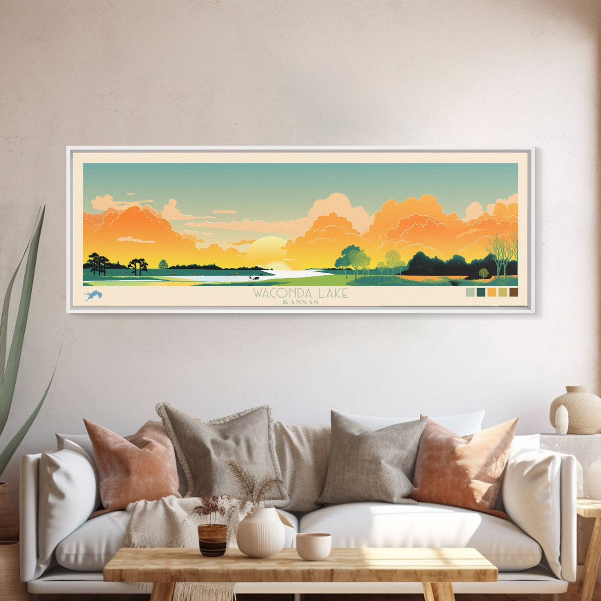 Waconda Lake, Kansas Framed Canvas Print, Panoramic Lake House Decor, Midcentury Modern Art, Pop Art, Travel Poster, Bedroom Wall Art