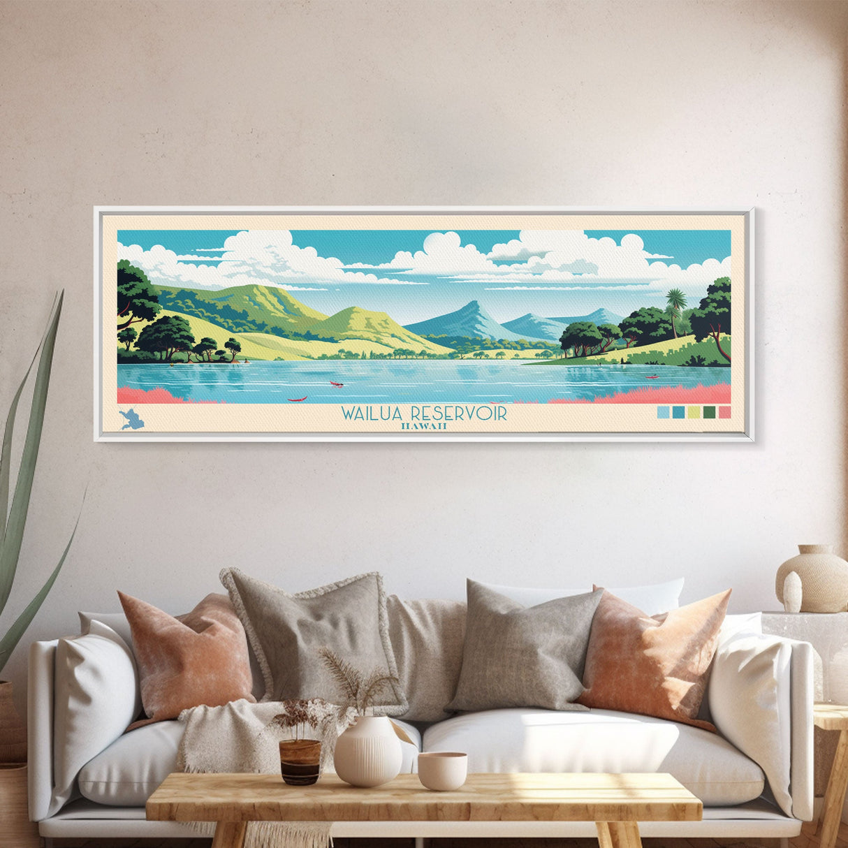 Wailua Reservoir, Hawaii Framed Canvas Print, Panoramic Lake House Art, Midcentury Modern Decor, Pop Art, Travel Poster, Living Room Wall Art