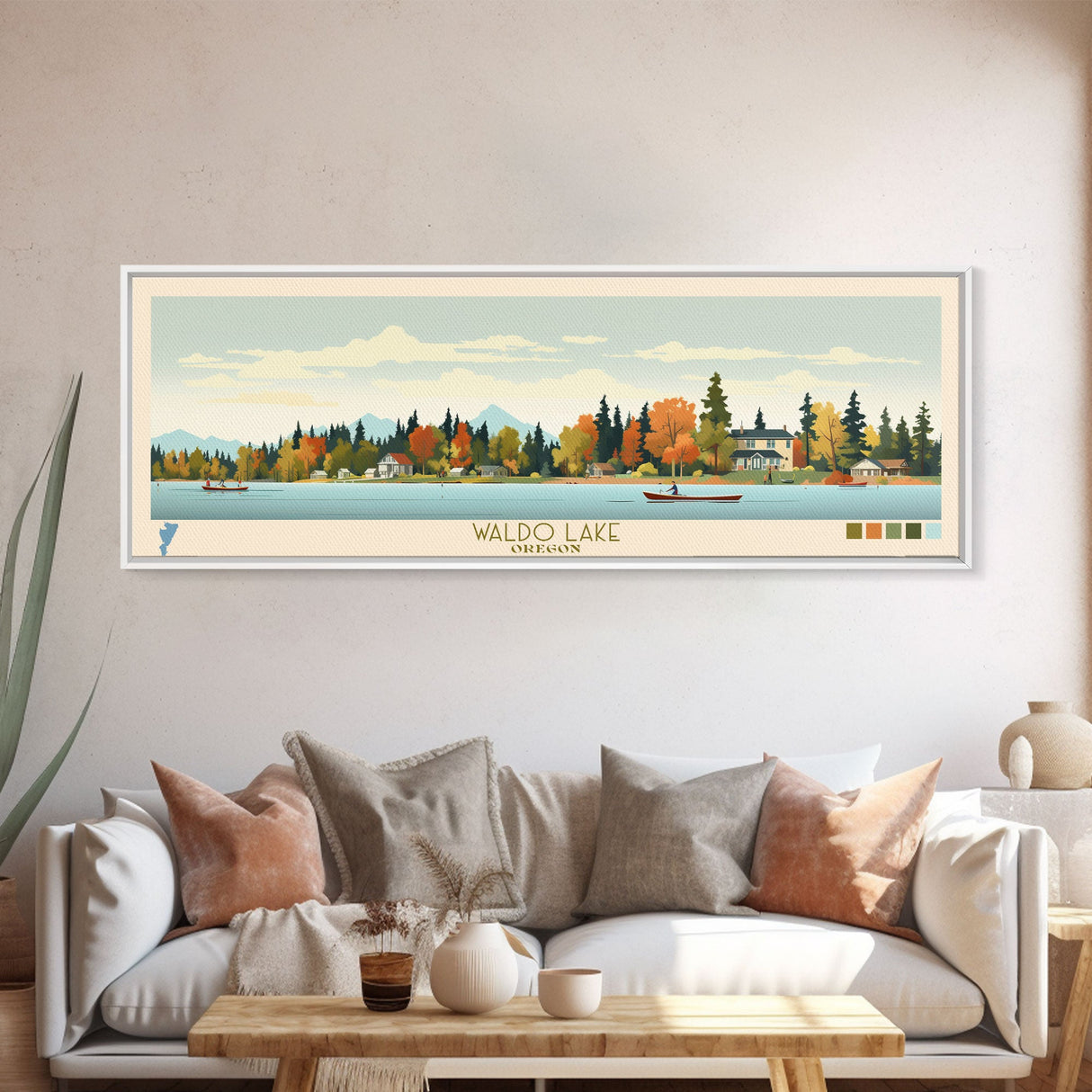 Waldo Lake, Oregon Framed Canvas Print, Panoramic Lake House Art, Midcentury Modern Decor, Pop Art, Travel Poster, Living Room Wall Art