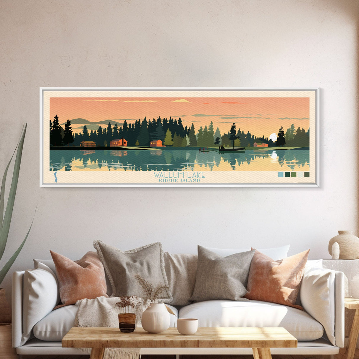 Wallum Lake, Rhode Island Framed Canvas Print, Panoramic Lake House Art, Midcentury Modern Decor, Pop Art, Travel Poster, Living Room Wall Art