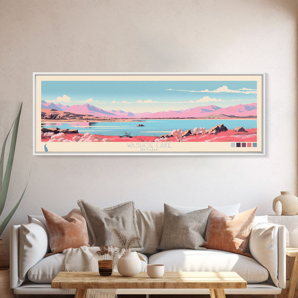 Washoe Lake, Nevada Framed Canvas Print, Panoramic Lake House Decor, Midcentury Modern Art, Pop Art, Travel Poster, Bedroom Wall Art