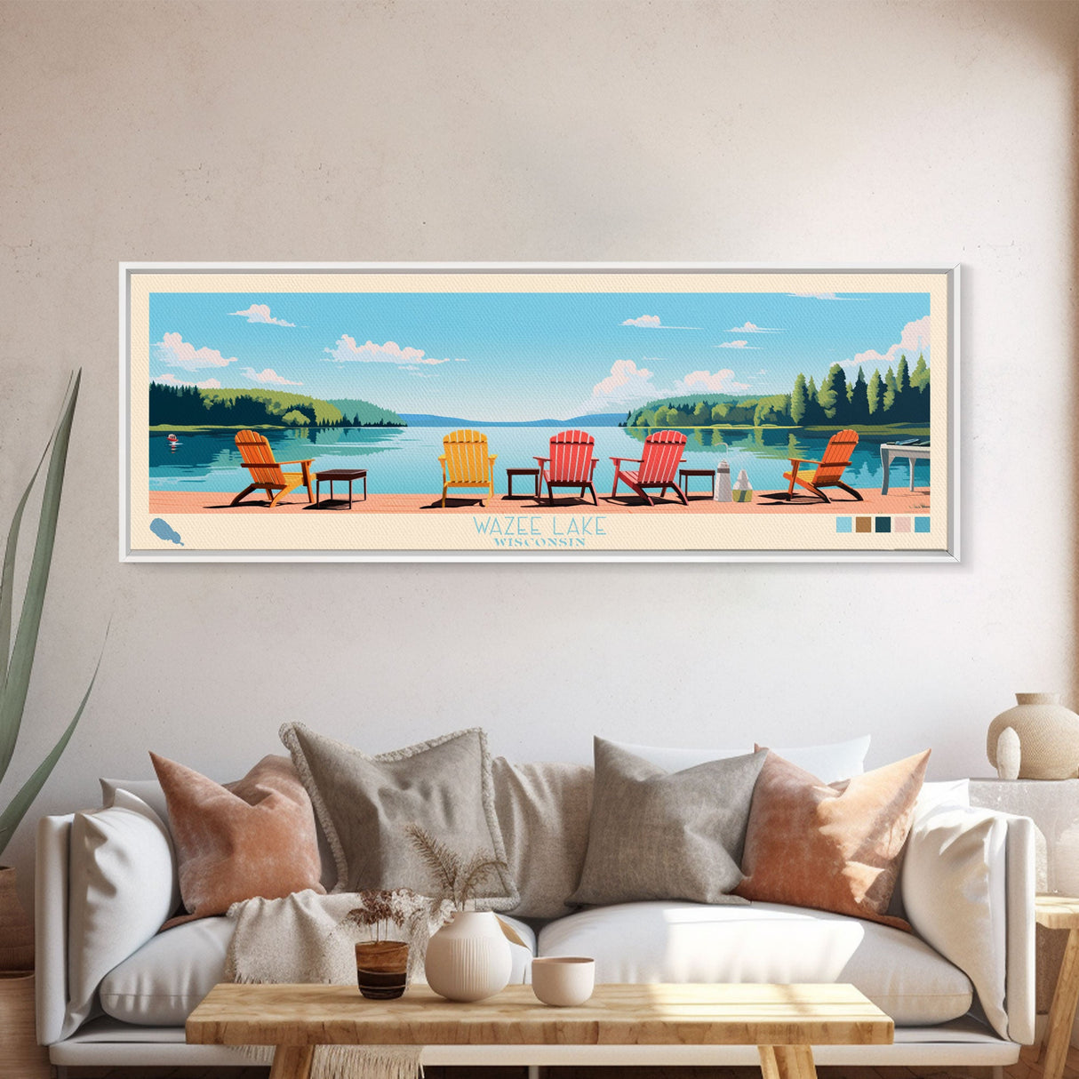 Wazee Lake, Wisconsin Framed Canvas Print, Panoramic Lake House Art, Midcentury Modern Decor, Pop Art, Travel Poster, Living Room Wall Art