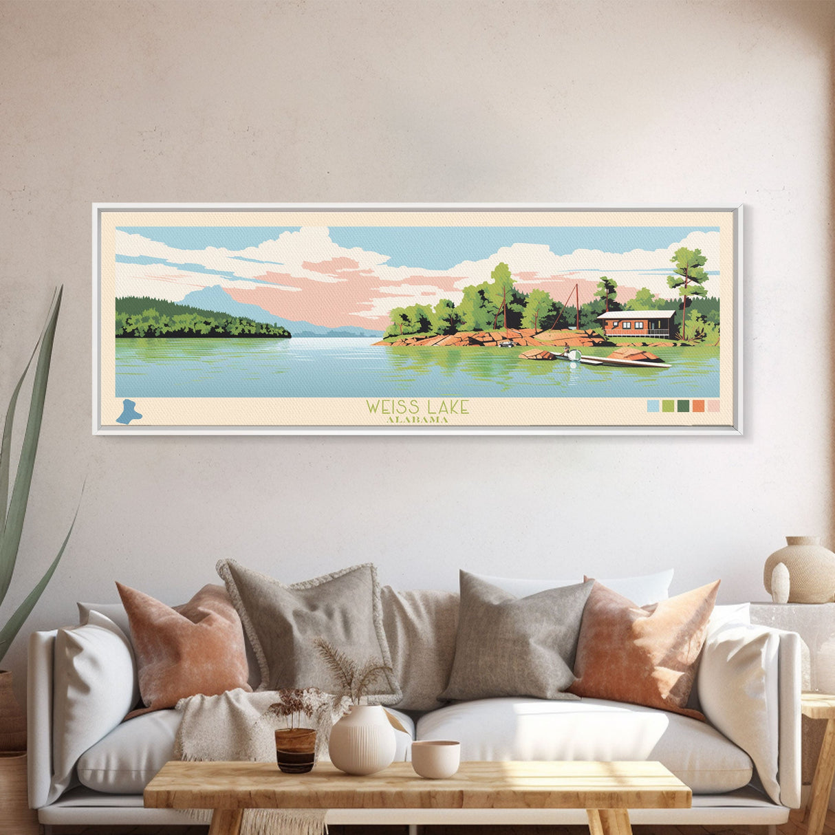 Weiss Lake, Alabama Framed Canvas Print, Lake House Decor, Panoramic Art, Midcentury Modern, Pop Art, Travel Poster, Living Room Wall Art