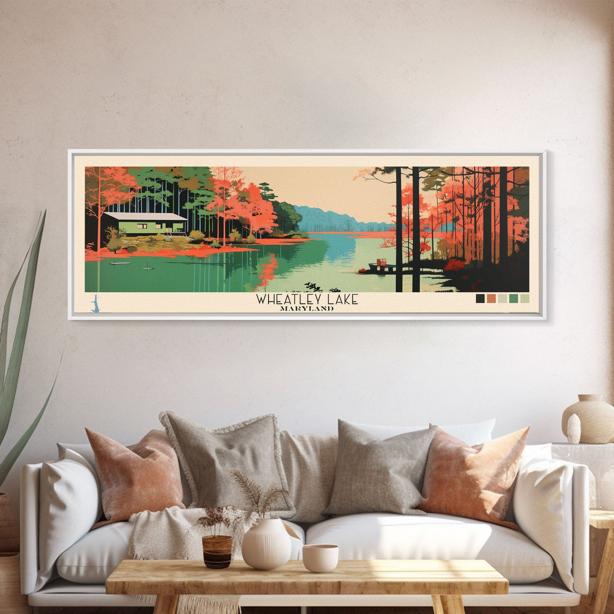 Wheatley Lake, Maryland Framed Canvas Print, Lake House Art, Panoramic Midcentury Modern Decor, Pop Art, Travel Poster, Bedroom Wall Art