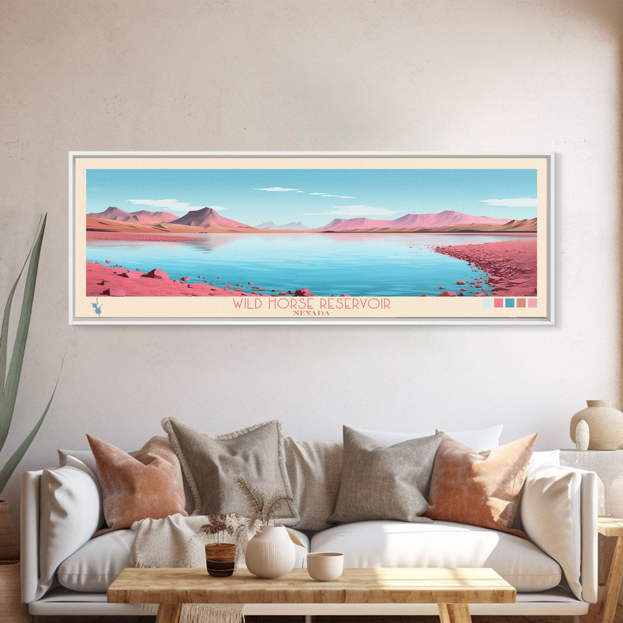 Wild Horse Reservoir, Nevada Panoramic Framed Canvas Print, Lake House Art, Midcentury Modern Decor, Pop Art, Travel Poster, Bedroom Wall Art