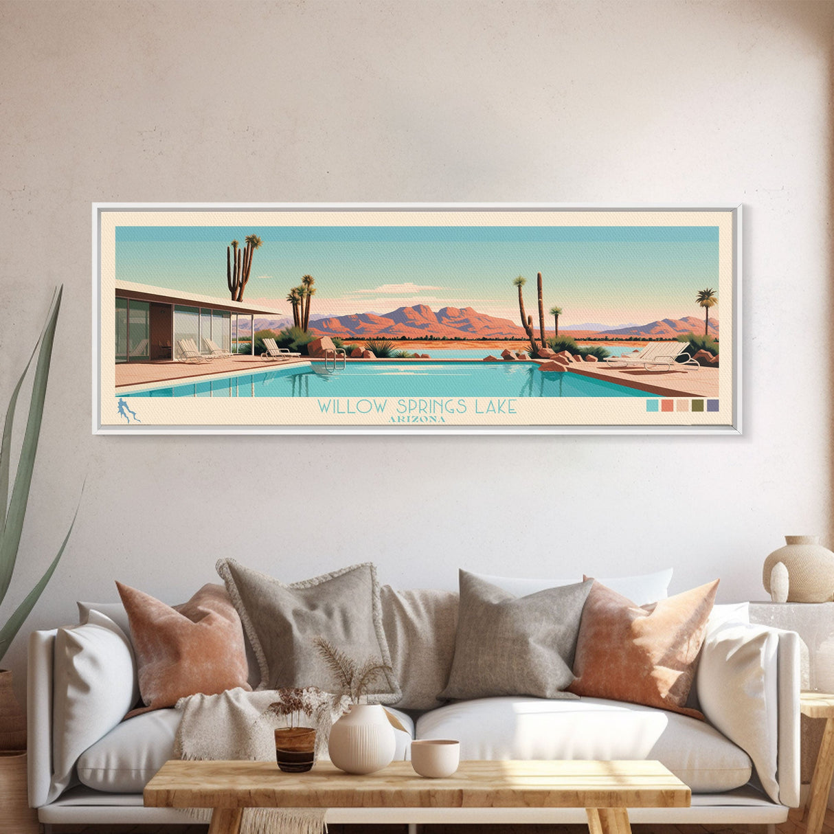 Willow Springs Lake, Arizona Panoramic Framed Canvas Print, Lake House Art, Midcentury Modern Decor, Pop Art, Travel Poster, Bedroom Wall Art