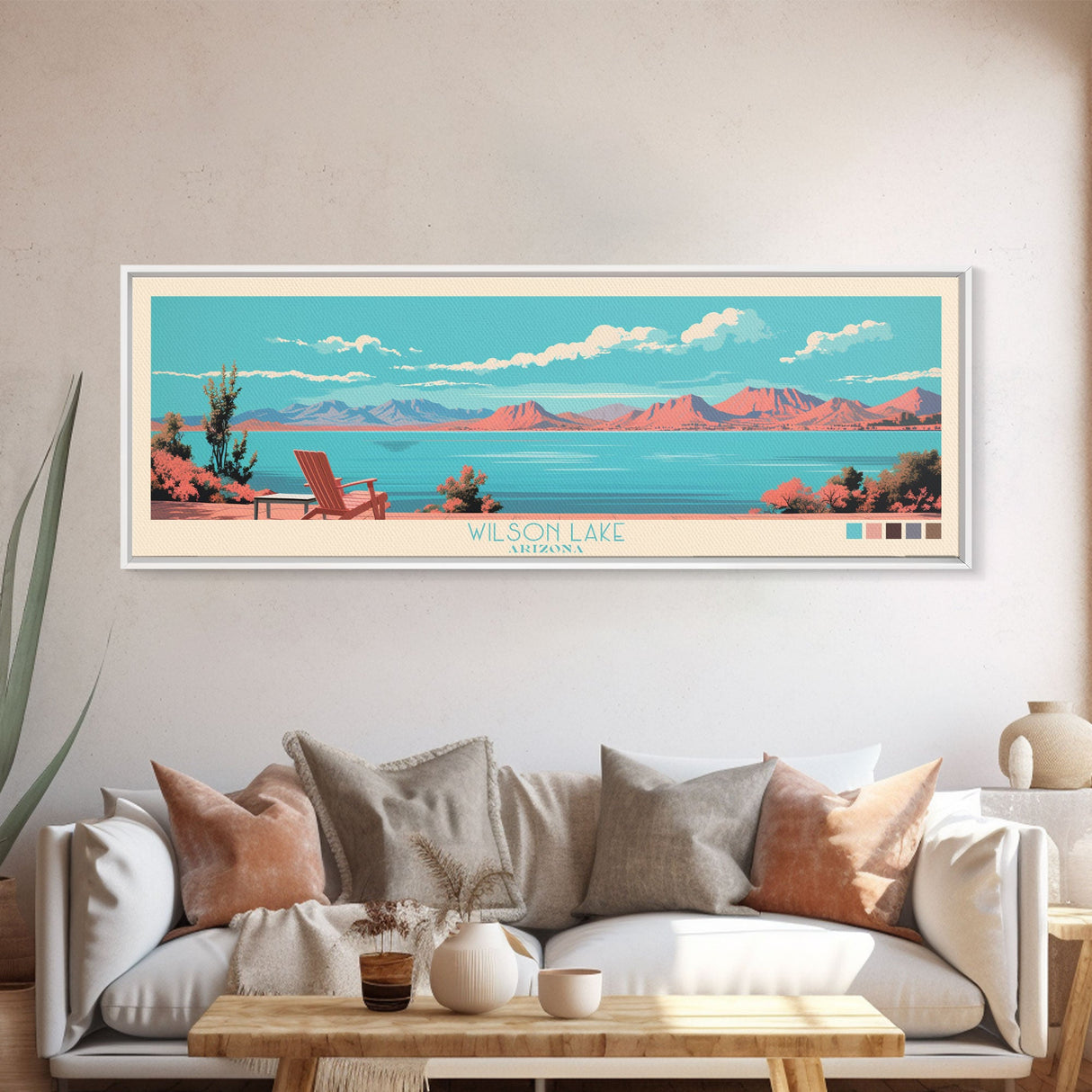 Wilson Lake, Arizona Framed Canvas Print, Panoramic Lake House Art, Midcentury Modern Decor, Pop Art, Travel Poster, Wall Art