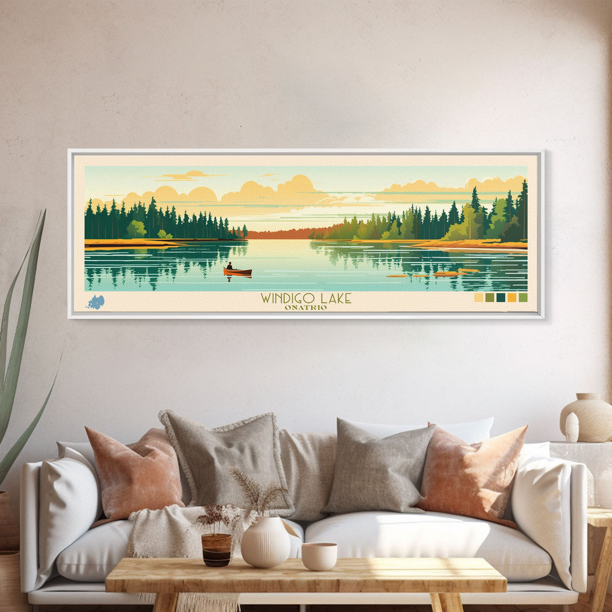 Windigo Lake, Ontario Panoramic Framed Canvas Print, Lake House Decor, Midcentury Modern Art, Pop Art, Travel Poster