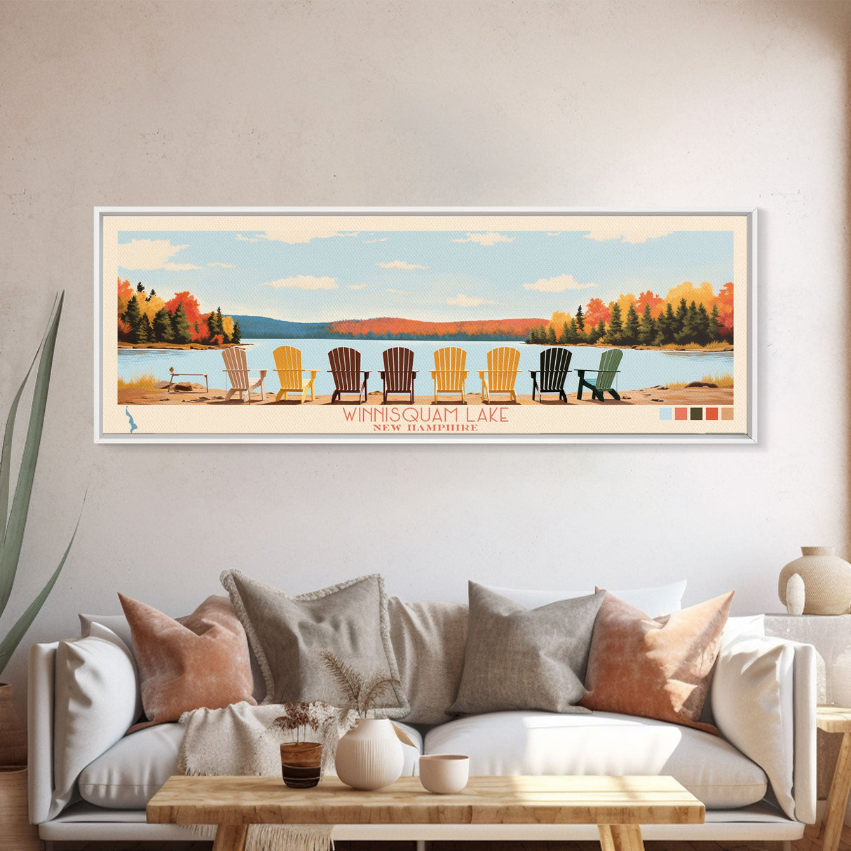 Winnisquam Lake, New Hampshire Panoramic Framed Canvas Print, Lake House Decor, Midcentury Modern Art, Pop Art, Travel Poster