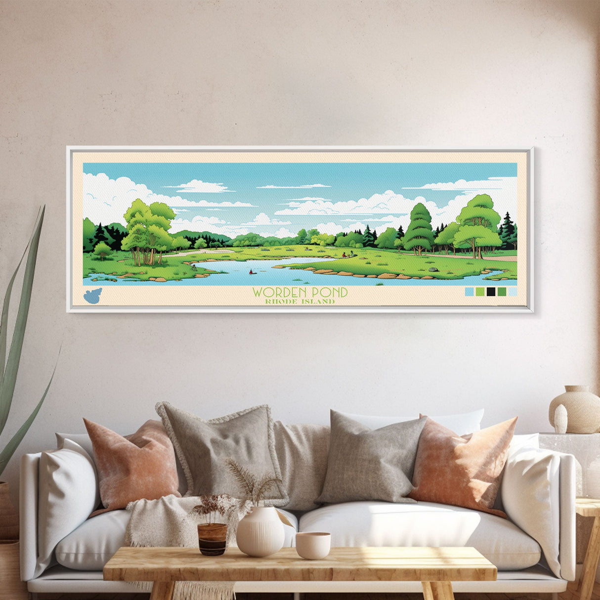 Worden Pond, Rhode Island Framed Canvas Print, Panoramic Lake House Decor, Midcentury Modern Art, Pop Art, Travel Poster