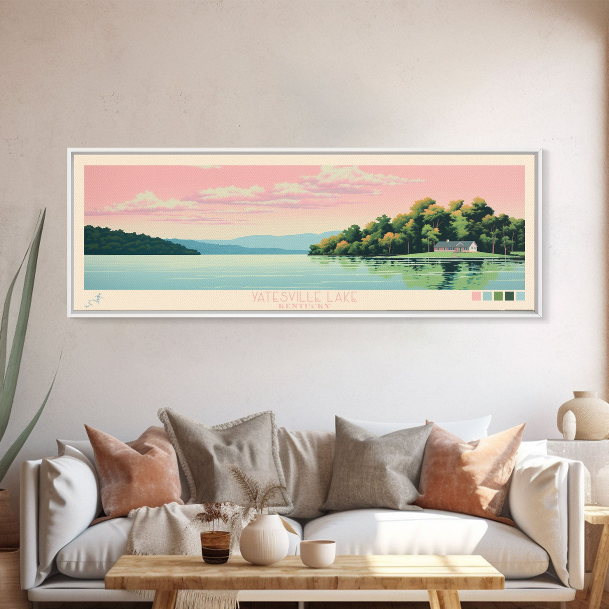 Yatesville Lake, Kentucky Panoramic Framed Canvas Print, Lake House Decor, Midcentury Modern Art, Pop Art, Travel Poster