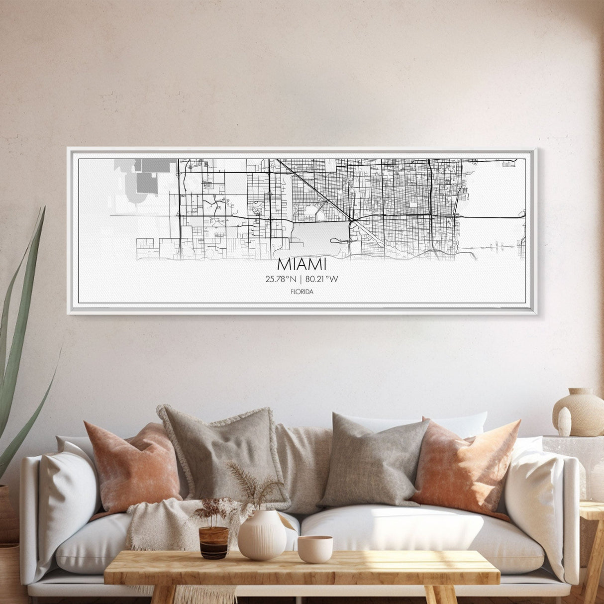 Panoramic Miami City Map, Florida Art, Map Print, Minimalist Wall Art, Canvas Art, Housewarming Gift, Street Map Art, Closing Gift