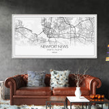 Newport News City Map, Virginia Art, Map Print, Minimalist Wall Art, Wall Art, Canvas Art, Panoramic Wall Art, Friend Gift, Office Wall Art