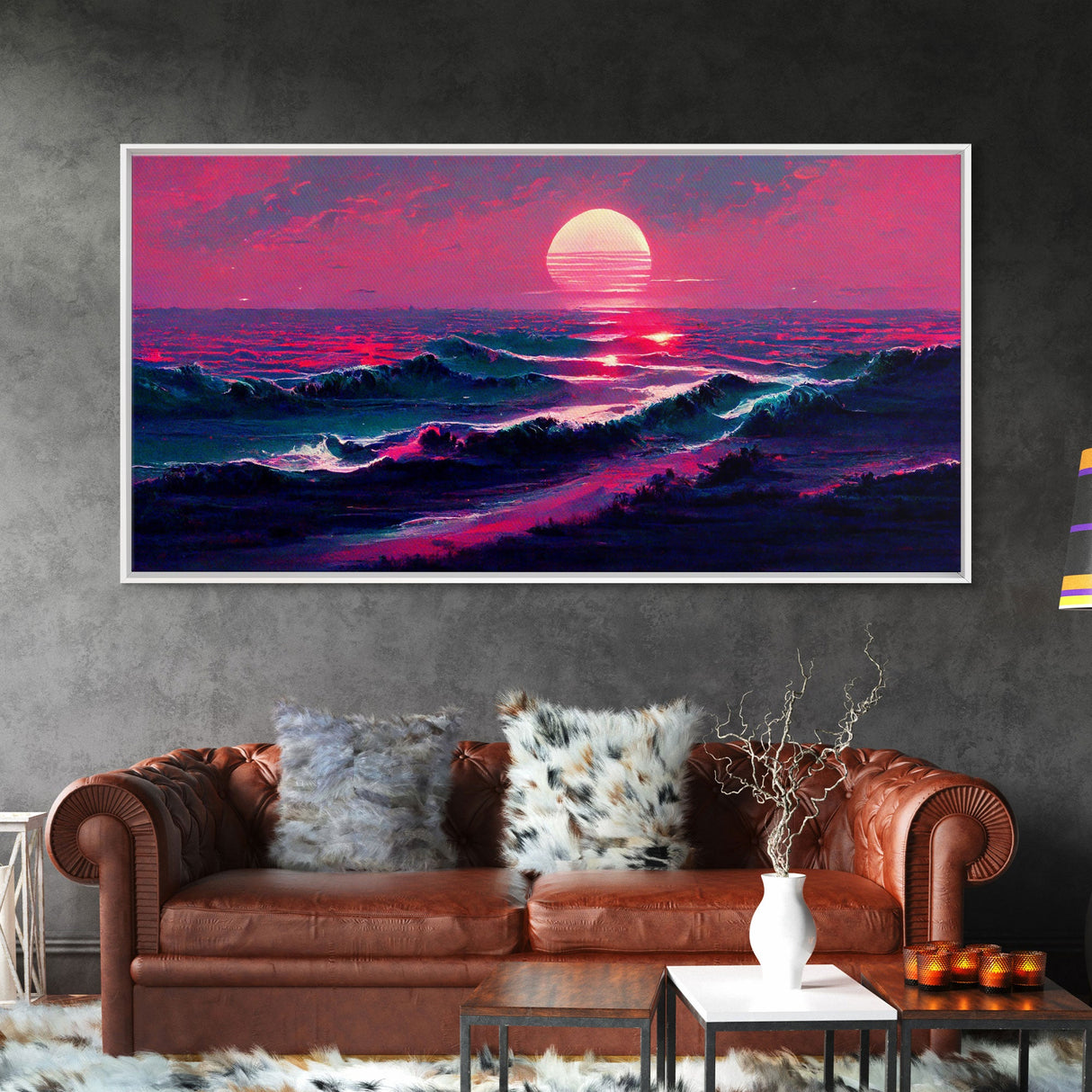 Synth wave sunset, ocean painting canvas print, outrun style, sun set art, wall decor, Made in Texas, ocean sunset, beach vaporwave