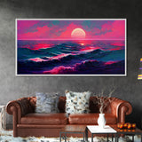 Synth wave sunset wall art, ocean painting canvas print, outrun style, sun set art, wall decor, ocean sunset, beach vaporwave, guest room