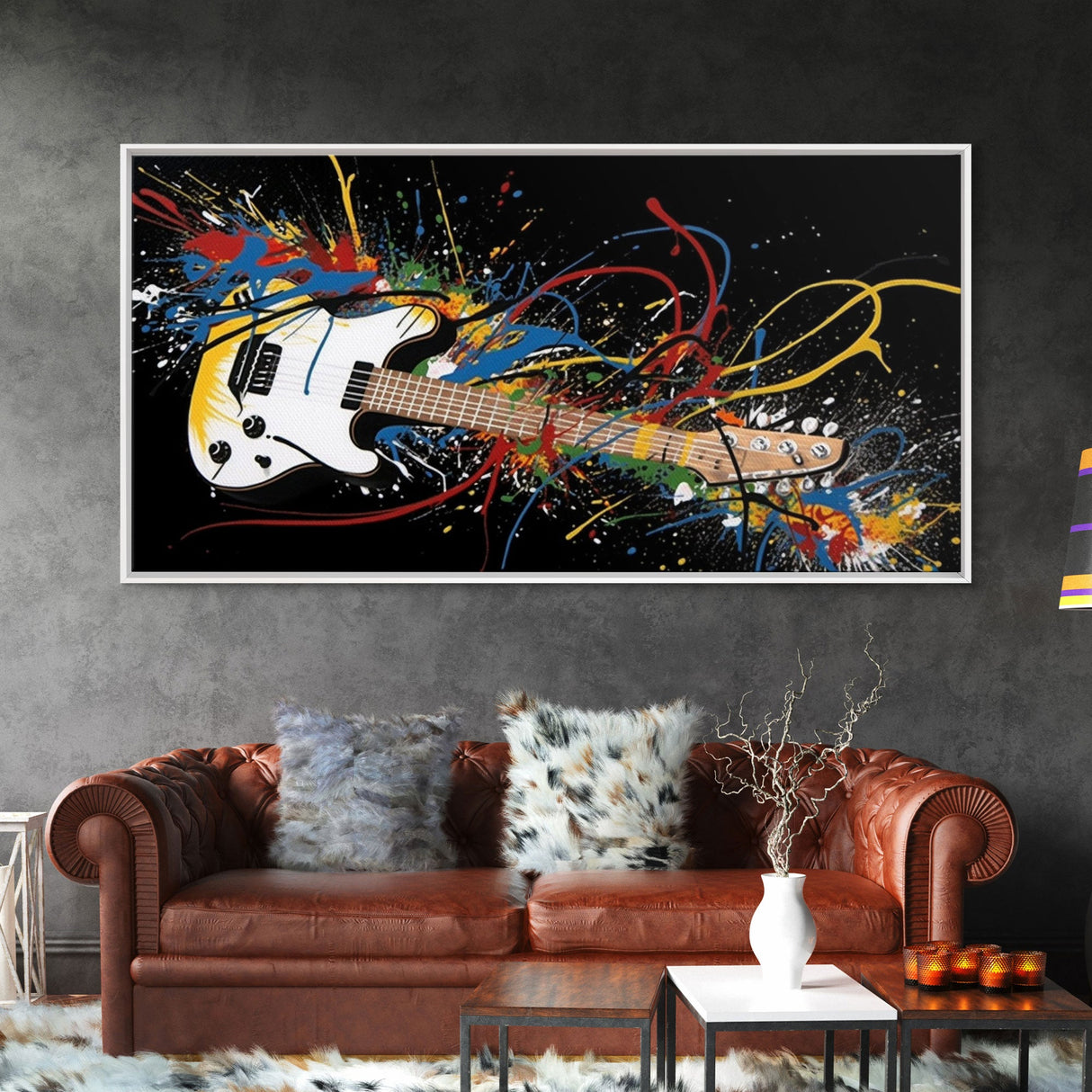 Jackson Pollock Graffiti Guitar Wall Art - Framed Canvas Print - Abstract Painting - Framed Wall Art - Colorful Retro Style Art