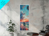 Framed Canvas Oil Painting of Sunset on Beach, Coastal Wall Art Print, Colorful Beach Art, Impasto Painting, Long and Narrow Landscape Art