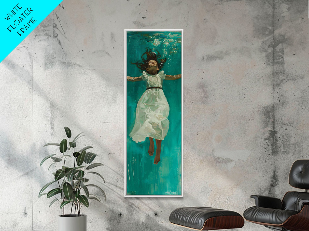 Abstract Modern Canvas Art of Woman Underwater, Ocean Wall Art, Coastal Wall Art Print, Oversized Tall and Narrow Canvas Art