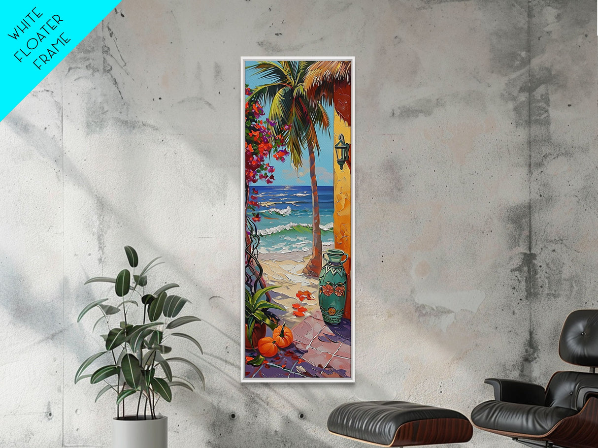 Long Narrow Coastal Art Print for Beach House, Mediterranean Canvas Wall Art Framed, Textured Oil Painting, Modern Living Room Wall Art