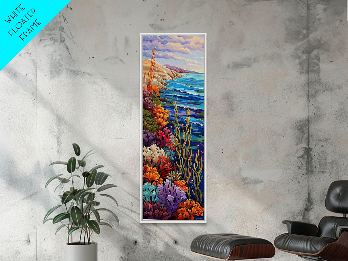 Long Narrow Botanical Coastal Art Print, Textured Canvas Beach Wall Art Framed, Colorful Beach House Decor, Abstract Wall Art Print