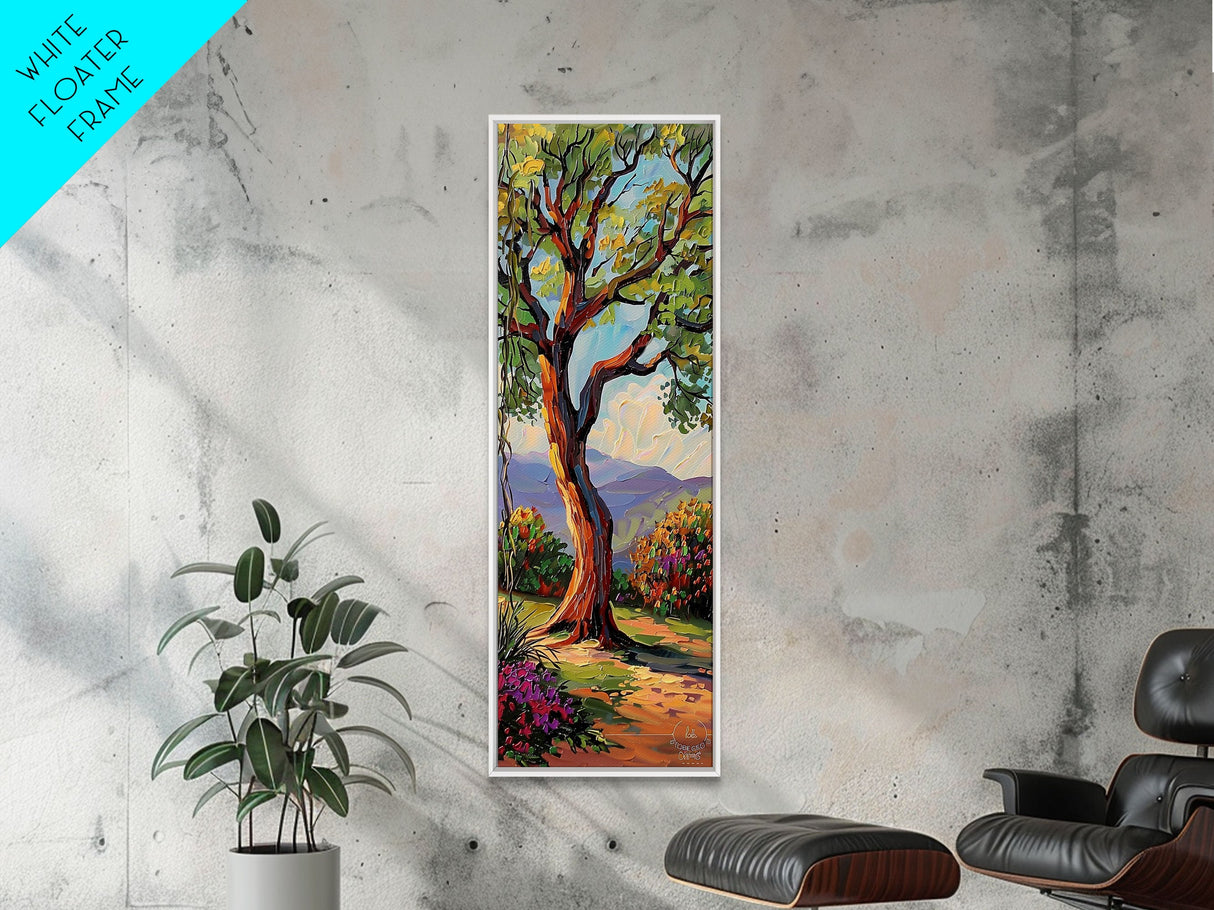 Vertical Botanical Canvas Print of Mountain Landscape Framed, Colorful Textured Canvas Art, Tree Art, Abstract Modern Art for Living Room