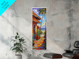 Spanish Inspired Coastal Beach Art Print on Canvas, Framed Beach Wall Art, Beach House Decor, Mediterranean Art Print, Vertical Wall Art