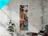 Tall and Narrow Rustic Canvas Painting of Venetian Coast Framed, Textured Wall Art, Colorful Art for Kitchen, Abstract Ocean Wall Art Print