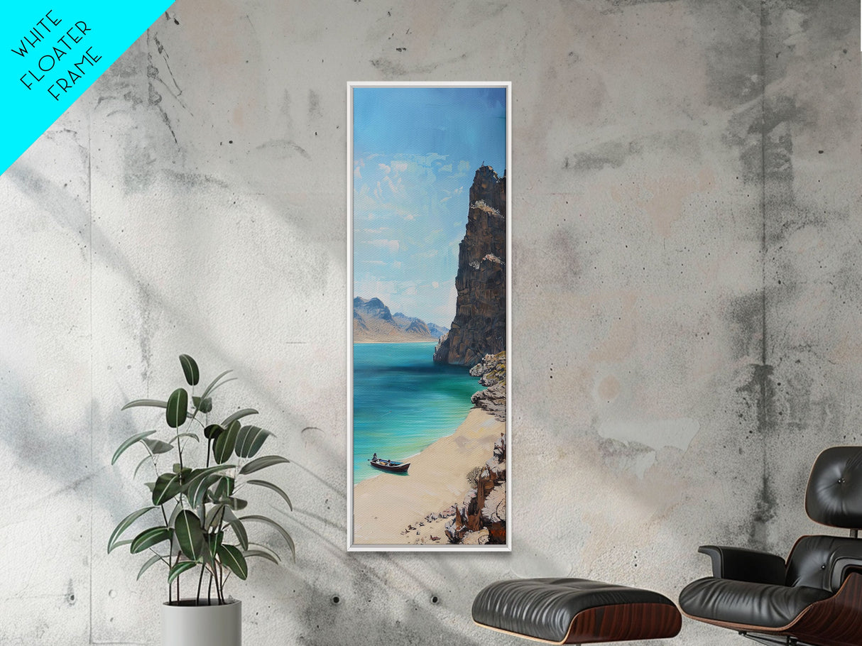 Framed Coastal Landscape Art Printed on Canvas, Contemporary Modern Beach Art, Vertical Tall and Narrow Oversized Art Print for Living Room