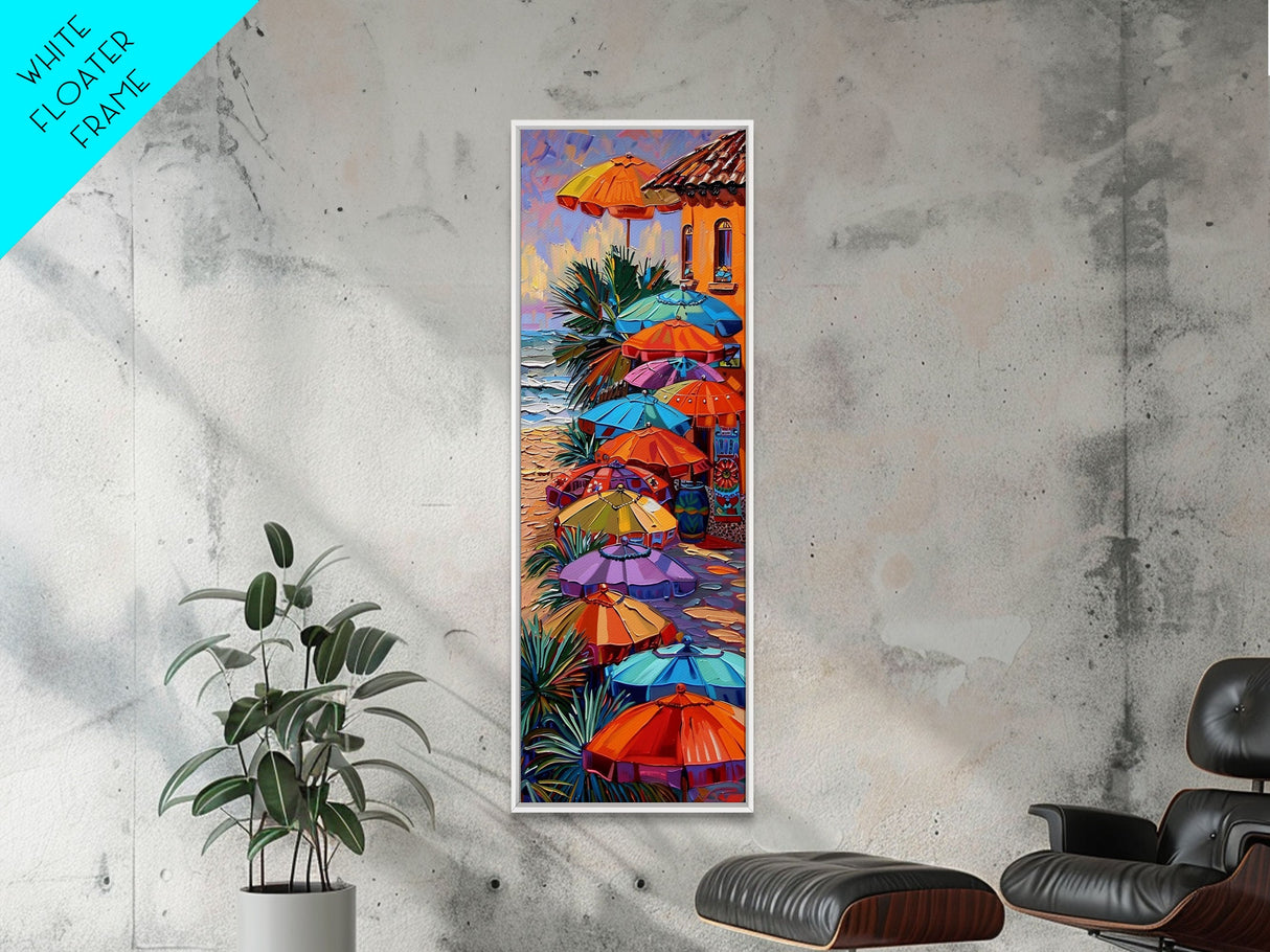 Long Narrow Coastal Wall Print of Colorful Umbrellas on Beach, Framed Canvas Beach Wall Art, Maximalist Wall Art, Wall Art for Living Room