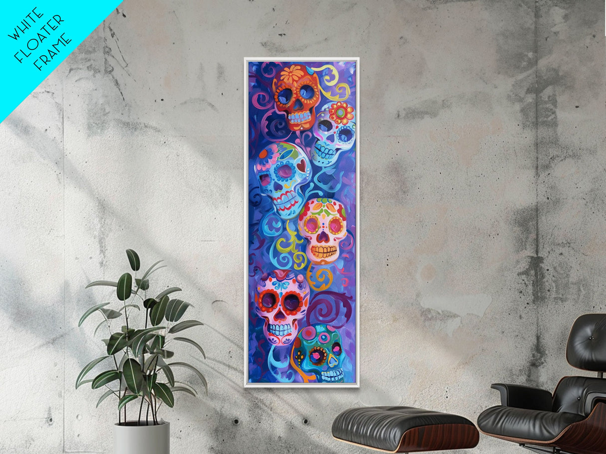 Vertical Calavera Sugar Skull Day of The Dead Canvas Painting Framed, Mexican Framed Art, Colorful Living Room Wall Art, Modern Abstract Art