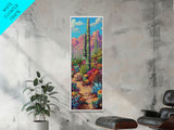 Tall and Narrow Colorful Desert Art Framed Canvas Print, Western Cactus Painting, Desert Landscape Art, Framed Living Room Art