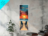 Palm Trees Sunset Midcentury Modern Wall Art - Framed Canvas Print, Boho Art, Skinny Art, Living Room Art, Bedroom Decor, Beach Landscape